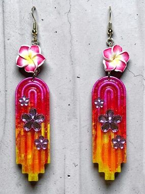 Tropical Sunset Art Deco Resin & Plumeria Drop Earrings